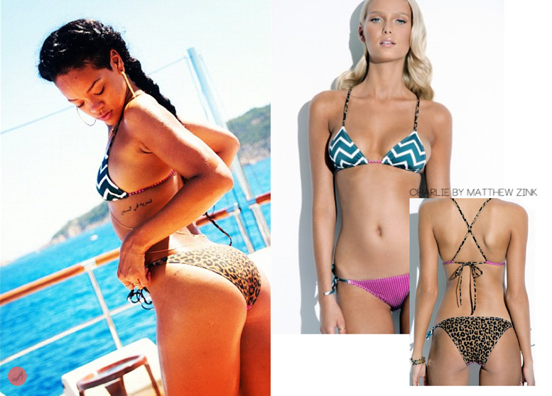 Rihanna has left Italy and has set sail for St. Tropez, France. showing off some curves via instagram wearing a Charlie scarf printed bikini named Adriana (each bikini from his collection has a name related to it), available for $160.00. The design has a mix to it with a zig-zag detail designs on the front and the designer has cleverly also put leopard prints behind. Rih is a huge fan of leopard prints so it&#8217;s a no surprise why she&#8217;s worn it.