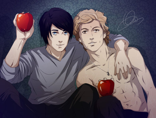 I&#8217;m not sure what you&#8217;re doing with them apples, Jace and Alec, but it looks extremely naughty.

Oh well. What happens in Idris, stays in Idris.

theherondaleboys:

“It means a pair of warriors who fight together - who are closer than brothers. Alec is more than just my best friend.”
: Shadowhunters&#160;: by *Lala-Mot
