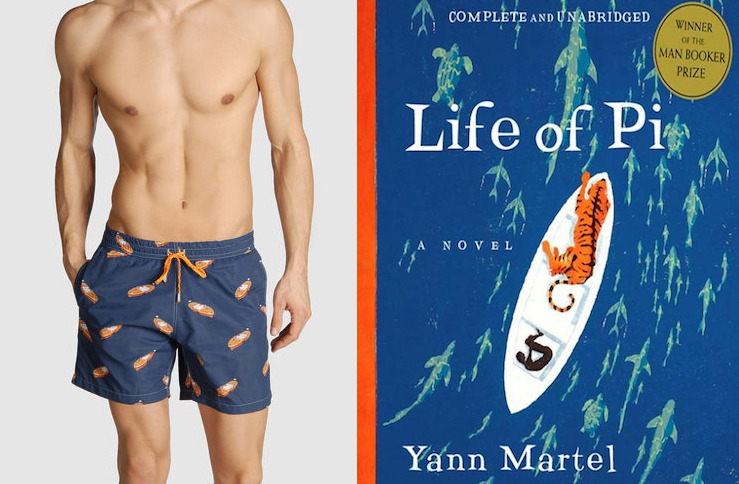The book: Life of Pi by Yann Martel<br /><br />The first sentence: “My suffering left me sad and gloomy.”<br /><br />The bathing suit: Men’s Swimming Trunks by EUROPANN. $49.
