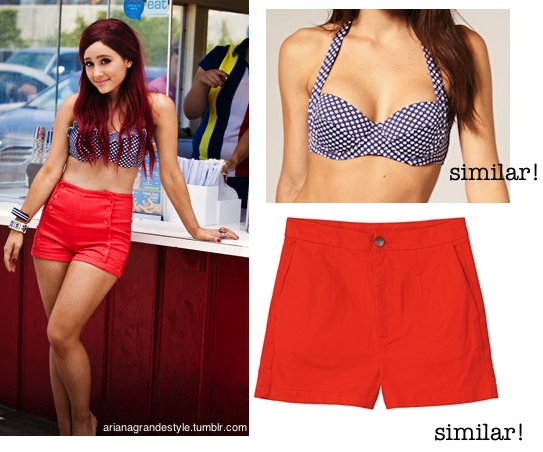 Requested Ariana at a photoshoot, wearing a similar bikini top to this Asos Spotted Bikini and similar shorts to these Red High Waisted Shorts from Monki.