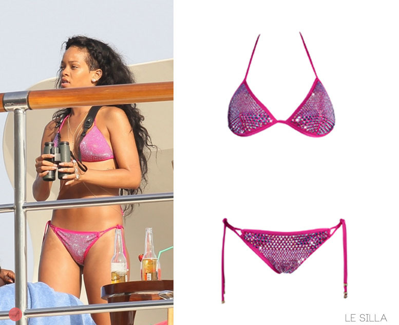 Rihanna sparkles in the coast of France in Italian brand Le Silla in a pink Swarovski detail two piece bikini she accessorised with pieces by Jacquie Aiche.