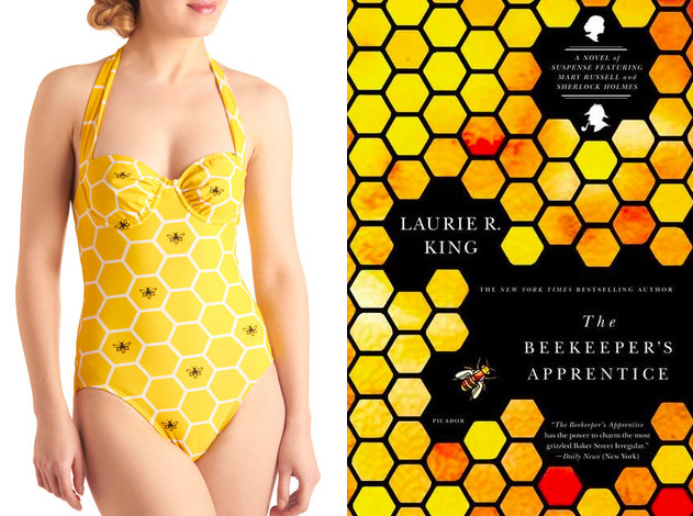 The book: The Bee Keeper’s Apprentice by Laurie King<br /><br />The first sentence: “I was fifteen when I first met Sherlock Holmes, fifteen years old with a nose in my book as I walked the Sussex Downs, and nearly stepped on him.”<br /><br />The bathing suit: Beach Honeycomber One Piece by ModCloth.