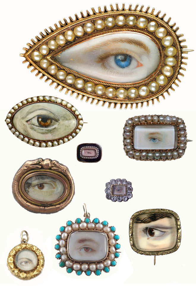 Lover’s Eyes
Lover’s eyes are hand-painted portraits on ivory which were popular in England between the 1780s and 1830s. The history of this jewelry style is as juicy as the paintings are gorgeous. Since romantic love didn’t typically exist within the confines of a marriage at this point in history, affairs were pretty common. So how would you show your loyalty to your lover? By wearing a sentimental portrait of an unidentifiable part of their person, of course.
According to the Smithsonian, “One of the earliest known eye miniatures was painted in 1786 by the English artist Richard Cosway for the Prince of Wales, later King George IV. The miniature showed the eye of Mrs. Fitzherbert, the prince’s mistress.” And since just the eye of one’s lover was visible, the piece could be worn while your inamorata’s identify remained secret. It’s also been theorized that the “single eye also symbolized the watchful gaze of a jealous partner, who feared that his or her lover might stray.” 