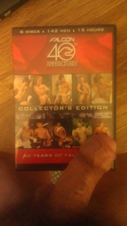 You know how I love videos… whether they be str8, bi, or gay vids… and I have quite an extensive collection… well, last week I bought the Falcon 40th Anniversary Collectors’ Edition (pictured here btw with MY uncut cock which will get thicker and longer and harder as I watch some of these vids in a little while!!!)… these span from 1971 through 2011… My very first video (it was VHS) was from Falcon in the mid 80’s.  They used to send me explicit x-rated brochures every month showing fucking hot scenes from the latest releases as well as previous ones… DAMN!! I’ve always loved Falcon vids… Do you recognize these names from past and present?
Dick Fisk, Al Parker, Casey Donovan, Sky Dawson, Jim Bentley, Kurt Marshall, Jeff Converse, Jeff Stryker, Kevin Williams, Kris Lord, Aiden Shaw, Hal Rockland, Tom Chase, Ken Ryker, Jeff Palmer, Chase Hunter, Buck Meadows, Mike Branson, Jake Andrews, Matthew Rush, Chad Hunt, Brad Patton, Tommy Brandt, Colby Taylor, Erik Rhodes, Roman Heart, Landon Conrad, Aden Jaric, and many many others?