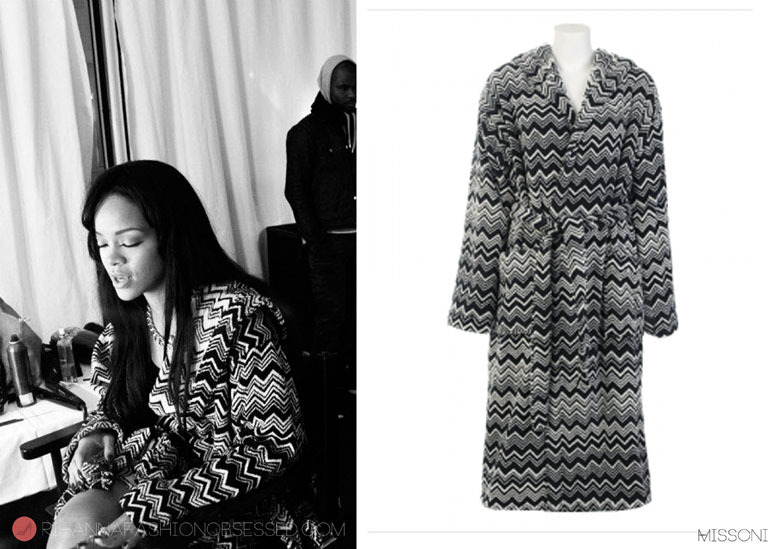 Rihanna has posted a series of behind the scenes pics of her apprearnces of her most recent summer festivals. In one the images she was spotted preparing backstage in Oslo, Norway for the Kollen festival held in June. Wearing a Keith hooded bathrobe ($304.00) from the Missoni home collection, which features it’s trademark zig zag pattern.
You can view more backstage pics of Rihanna on her official facebook here 