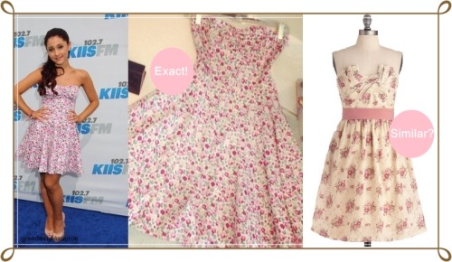 Requested: Ariana wore this gorgeous Betsey Johnson &#8216;Mini Posies Fit N Flare Dress&#8217; which is not available online anymore.But I found this similar Cottage Tea Party Dress | $84,99I also found this Strapless Dress In Ditsy Print which looks the same as Ariana&#8217;s with different colors | $62,21&#160;(currently available for $31,11) a  