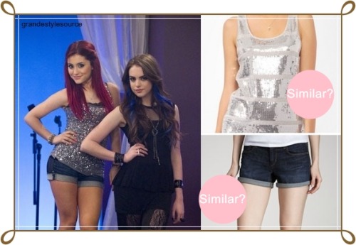 Ariana Grande as Cat Valentine in &#8216;Freak The Freak Out&#8217;Similar Sequined Knit Tank | $12,80Similar Marisela Cuffed Jean Shorts | $98&#160;(currently available for $34) 