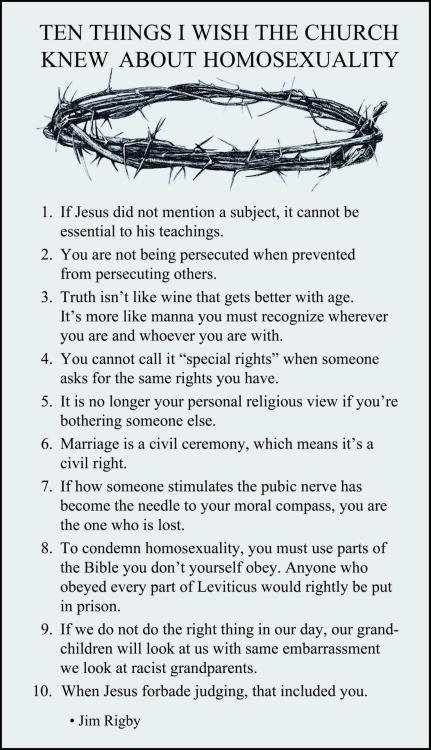 ih8religion:

10 Things I wish the Church knew about Homosexuality
