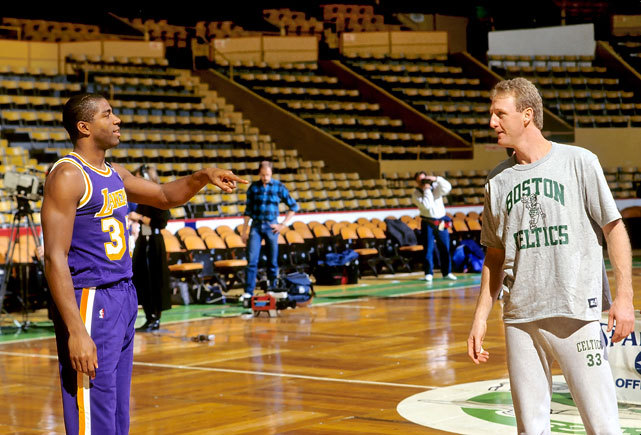 Larry Bird and Magic Johnson joke around during pregame warmups before a 1988 Celtics-Lakers game at Boston Garden. (Steve Lipofsky/Corbis)
GALLERY: Larry Bird and Magic Johnson | Iconic Celtics | Iconic Lakers