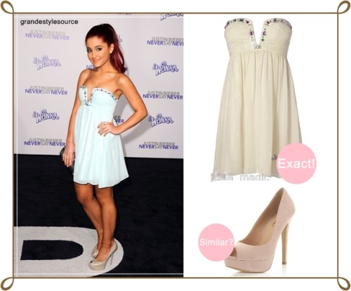 Ariana Grande at the Never Say Never PremiereExact Jewel Plunge Neck Babydoll Empite Dress | (Ebay has different prices)Similar Sassy Nude Peep Toe Court | $74 