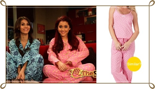 Requested: Ariana Grande as Cat Valentine in &#8216;The funny Nuget Show&#8217;Similar Oh-So-Soft Polka Dot Pajamas | $49  Other Similar Pajamas Bottoms: Pink Butterfly Pajamas ($28), Pink Rosebud Pajamas in pink rosebud print ($16,99), Pink Heart Pajamas ($5,99), Pink/Purple Striped Pajamas in the color pink ($9,99) I couldn&#8217;t find the exact pajamas that Cat wore, but I found some similar&#8217;s that Cat totally would wear :) ♥