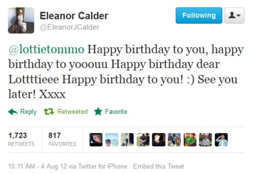 eleanorcalderlove:

Eleanor’s birthday tweet to Lottie.
 
