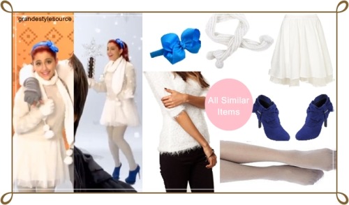Requested: Ariana Grande in Nickelodeon&#8217;s Christmas SongSimilar Asos Fluffy Sweater in cream | $58&#160;(currently available for $43,08)Similar Plain White Prom Skirt | $80&#160;(currently available for $40)Similar Women&#8217;s Buckle Accent High Heel Bootie in blue | $39,99 Similar White Knitted Scarf (pom poms) | $12,95 Similar Island Blue Bow Headband | $10,99 Similar Fluorescence Gauze Detail Grey Tights | $17,99 