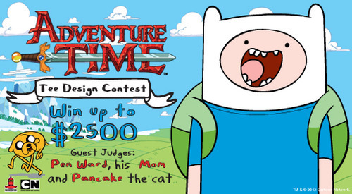 SHMOWZOW! The Adventure Time T-Shirt Design Contest is now LIVE!!!
You may begin submitting your designs at our contest page, now through August 28th at 11:59&#160;pm PST! Up to five entries per person; for full details of the rules, check out the link!
Guest judges PEN WARD, BETTIE WARD and PANCAKE the Cat!
Good luck, everyone!!!