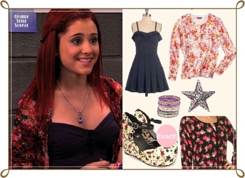 Requesed: Ariana Grande as Cat Valentine in &#8216;Tori The Zombie&#8217; (part 2)Similar Be My Navy Dress | $49,99 Other similar dresses: A-maizing Harvest Dress, Ease Of Elegance Dress, Love Is Everywhere DressSimilar Crewneck Cardigan Sweater | $22,99Similar Red Rose Floral Print Cardigan | $14,80 Exact Retro Pin-Up Girl Print Platforms | $56 Similar Crystal Star Stretch Ring | $16,99Similar Etched Mirror Bangles | $1,80 I couldn&#8217;t find the exact or similar necklace, if anyone knows it, let me know :D ♥