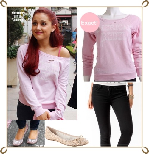 Requested: Ariana Grande in The Grove in Los AngelesExact American Rebel Sweater in Pink | $50&#160;(only available in black) Similar Mid-Rise Super Stretch Skinny Jeans in dark denim | $19,80 Similar Hyden Women&#8217;s Flats in light pink | $13,99 