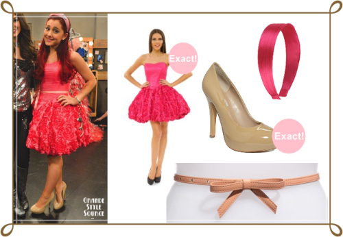 Ariana Grande as Cat Valentine in &#8216;Tori Goes Platinum&#8217;Exact Betsey Johnson Pink Topiary Rose Rosette Bubble Skirt Evening Dress | $489,99Exact Steve Madden Trasie Pumps | $83,99Similar Pleated Satin Headband in hot pink | $1,50Similar Another Line Faux Leather Belt in soft pink | $28 
