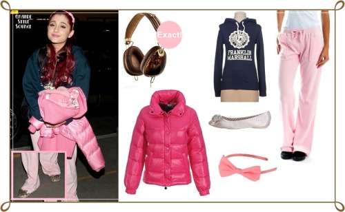 Requested: Ariana Grande at the airportSimilar Franklin &amp; Marshall Hooded Sweatshirt | $65 Similar Light Pink Sweat Pants | $7,99 Similar Pink Moncler Basic Clairy Coat | $389,40&#160;(cheep version for $29,99)Similar Francesco Milano Ballet Flats in light pink | $85&#160;(currently available for $35) Similar Floral Bow Headband in coral | $1,80Exact Aviator Headphones | $149,99 