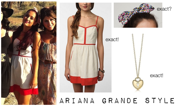 Requested: Ariana in the &#8220;Make It In America&#8221; music video. Exact Contrast Trim Dress from Urban Outfitters. Exact Heart Lock Pendant Necklace from Tiffany &amp; Co. Exact (?) Graphic Floral Twist Scarf from American Apparel (someone messaged me saying, that you can get these in all different patterns in AA stores)