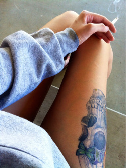 Flower Skull Leg Tattoo