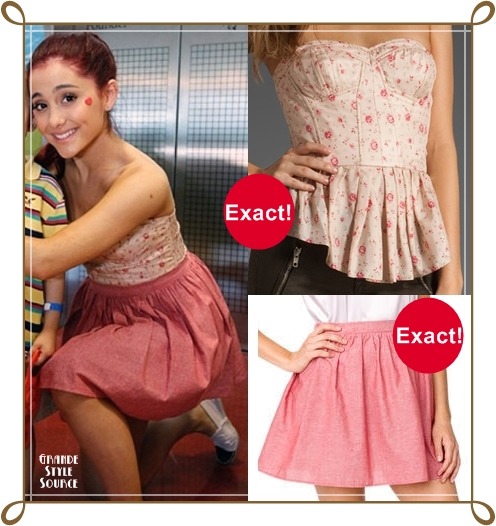 Ariana Grande in a picture with a fanExact Rebecca Taylor Quilted Silk Corset Top | $67,50&#160;(sold out)Exact Chambrey Full Woven Skirt in red | $38