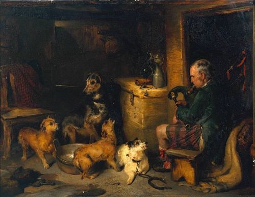  Highland Music, painted in 1829 and exhibited in 1830, oil on mahogany by Sir Henry Landseer, British, 1802-1873. The piper has a varied audience. Some enjoy the evening enough to join in. 
 Landseer painted this oil at his Highland retreat in Glen Freshie near Braemar, Scotland. It was presented to Tate Britain in 1847 by Robert Vernon.
