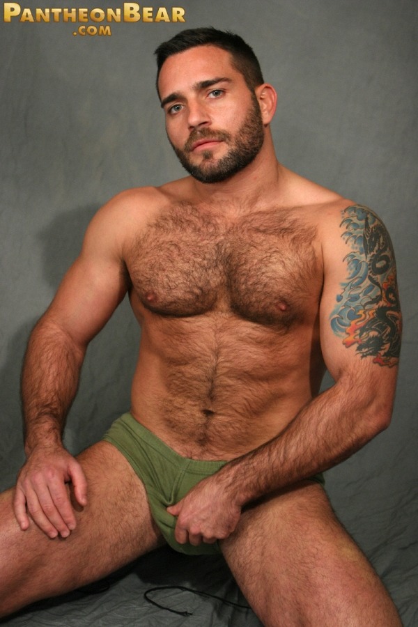 hairy chest, bearded gay porn star in green briefs