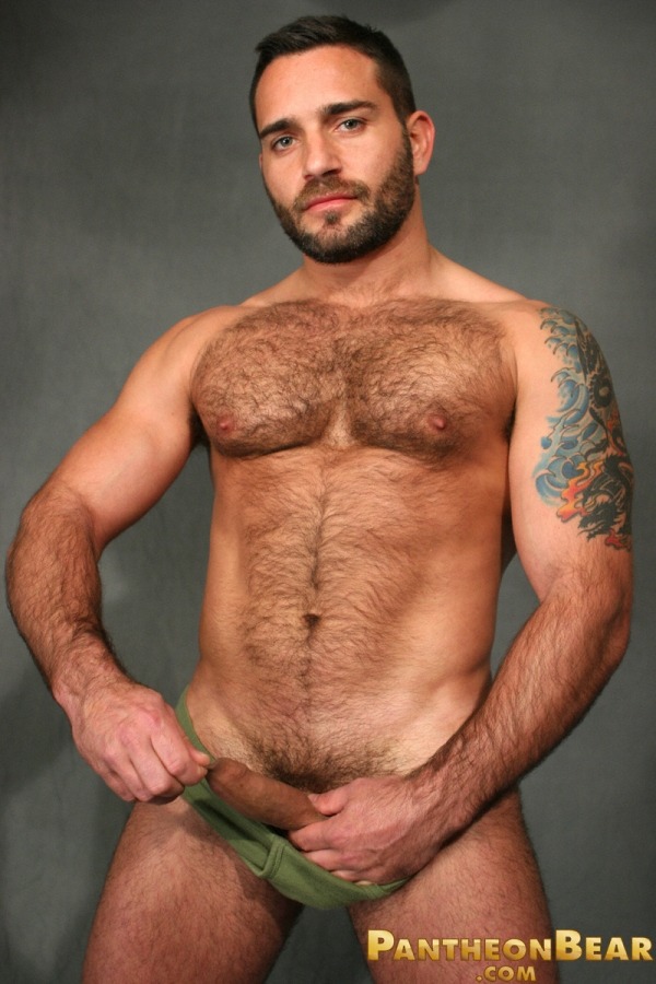 hairy chest, bearded gay porn star in green briefs
