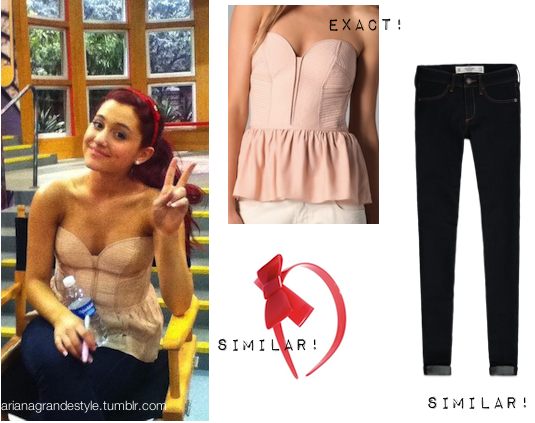 Ariana behind the scenes on Victorious (: Exact Strapless Bustier Top from Parker (sold out in pink, available in navy, white, red, orange) Jeggings from Abercrombie &amp; Fitch.   Red Bow Headband from Sonia Rykiel (asos). 