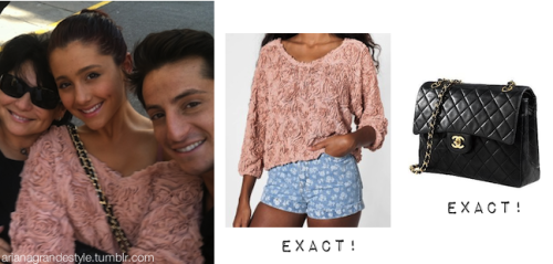 Ari spotted in this pic with her mom and brother, wearing: Exact 3-D Flower Mesh Jumper from AA. Exact Jumbo Flap Bag from Chanel (not available online). 