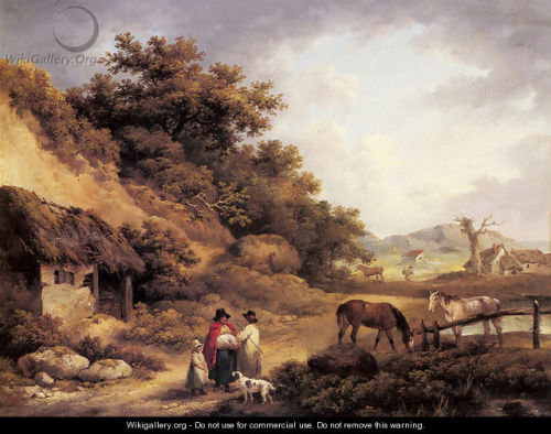 Wayside Gossips, oil on canvas by George Morland, 1763-1804, from a British family of artists. Morland painted animals and rustic scenes and was often in financial trouble through living beyond his means.
 This painting is in a private collection.