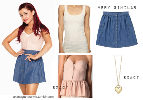 Ariana/Cat promo shoot for Victorious #1  White Tank Topfrom Forever21. Exact Strapless Bustier Top from Parker (sold out, alternatives).  Very similar Denim Button Skirt from Fat Face.  Exact Heart Lock Necklace from Tiffany &amp; Co. 