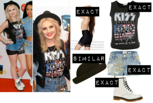 *CORRECTION: The denim shorts aren&#8217;t exact, it was a typo!
Perrie Edwards Exact Outfit (Found the cycling shorts!):
Kiss Shirt: Miss Selfridge
Studded Shorts: River Island
Roller Hat: Topshop
White Boots: Asos
Cycling Shorts: American Apparel
-Alexandra :3 xx