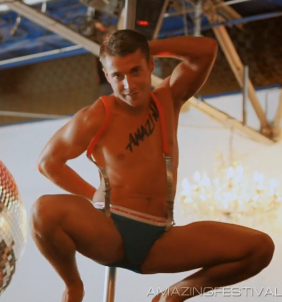 sexy Andrew Christian gay underwear model bulges.