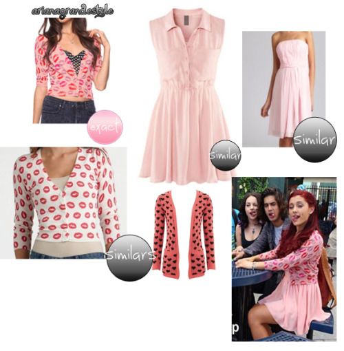 Cat in Victorious season 3~  •Exact kiss print cardigan here SOLDOUT. {comes in stock soon} •Similar lip print cardigan from charlotte russe. (sold out not available anymore) •Heart print cardigan alternative HERE. in stock :))) •Similar light pink flippy collar dress here.:) Exact or similar flippy bustier dress. here LUCYY. ∞