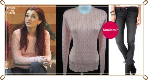 Requested: Ariana Grande as Cat Valentine in &#8216;Car, Rain &amp; Fire&#8217;Similar Light Pink Cable Knit Long Sleeve Sweater Top | $29Similar Whiskered Skinny Jeans | $24,90 