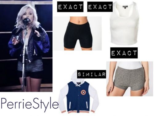 I&#8217;ve been looking for it all week and couldn&#8217;t, but here&#8217;s the Perrie Edwards outfit:
White Tank: Topshop
Grey Shorts: American Apparel
Black Shorts: American Apparel
Letterman Jacket: Amazon
-Alexandra :3 xx