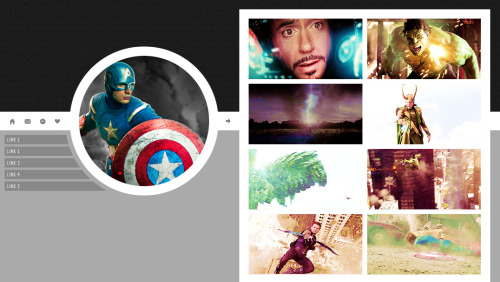 Theme #10: Son, Just Don&#8217;t
LIVE PREVIEW | DOWNLOAD


After a few days of not really being sure what to code next, I decided I would do a set of Avengers themes. This one is the first of (probably) four: Captain America, Iron Man, the Hulk, and Thor. This theme includes:
A blog title (different from the actual title) and a subtitle.
Every single color and background in this theme can be changed, as well as the fonts in the theme.
Two different backgrounds (top and bottom: you can change the colors and/or background images of both - however, I suggest that you use a solid color on the bottom background, because it seem to look a lot smoother that way).
Four icon links (home, ask, archive, and a heart icon that you can link to whatever you want).
Five optional, customizable links. 
Hover over the sidebar image to show the blog title and description (image should be square in dimensions; exact size is 280px by 280px).
The option to show tags and use the Webkit Scrollbar.
Please like/reblog if you use this theme!

