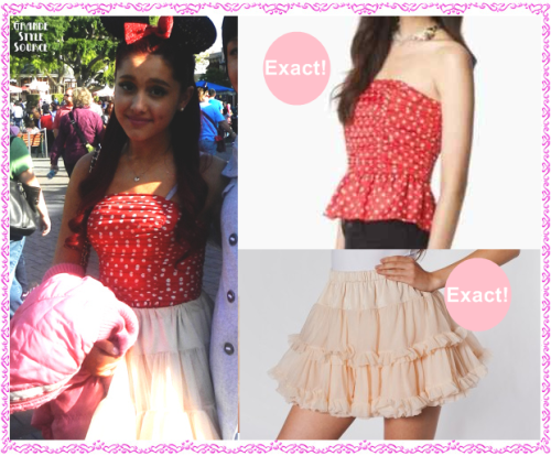 Ariana Grande In DisneylandExact Juicy Couture Red White Silk Polka Dot Bustier | $158 Exact Multi-Layered Reversible Petticoat in nude/ballet pink | $74 