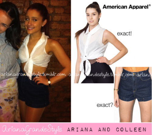 Ariana spotted in this pic with her friend Colleen/Miranda Sings, wearing: Exact Sleeveless Lawn Button-Up Shirt from AA. Exact (?) Dark Wash High-Waist Jean Shorts from AA.