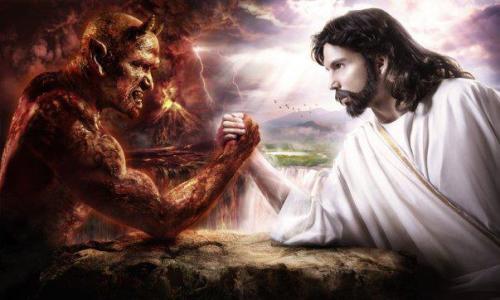 Jesus arm wrestling the devil