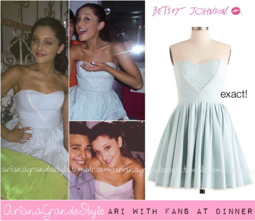 Some lucky fans got to go on a big dinner with Ariana :) Ari was wearing: Exact Beautiful Sea Dress from Betsey Johnson. 