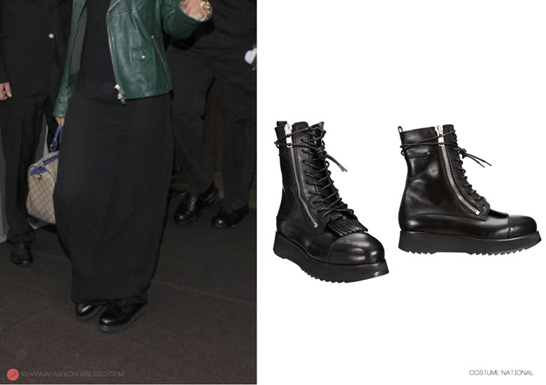 UPDATE: Rihanna was also spotted wearing a pair of fringe detail combat boots by costume national available from Barneys.com for £895.
Topshop has a similar pair of fringe boots for £95.00 ($190.00)
