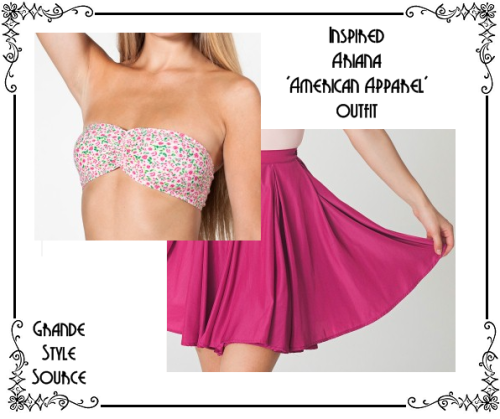 Requested: Ariana Grande inspired &#8216;American Apparel&#8217; outfitFloral Printed Cotton Spandex Jersey Ruched Front Tube Bra in small pink tea rose on creme | $16Short Gore Skirt in berry | $55