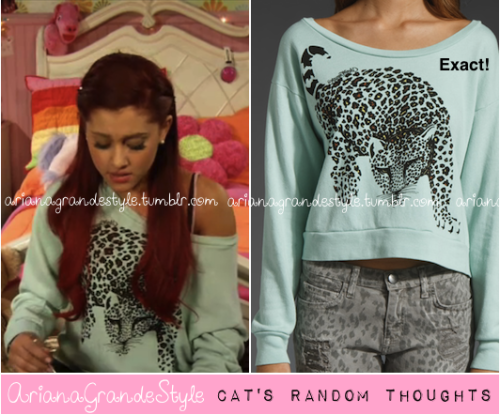 *Requested* Cat&#8217;s mint leopard print jumper, she wore in one of her &#8220;Cat&#8217;s random thoughts&#8221;-videos. (Thank you so much for sending this in paradise-lovexox) Exact Farrah Color Leopard Crop Sweatshirt from Lauren Moshi. Alternative: Very similar Neon Green Leopard Baggy Beach Jumper from Wildfox. 