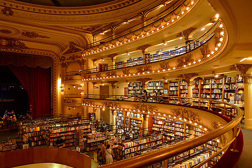 
 
encontrate:
This is a book store called El Ateneo in Buenos Aires, Argentina! You can have coffee while sitting on the stage. One of my favorite places in my city.
