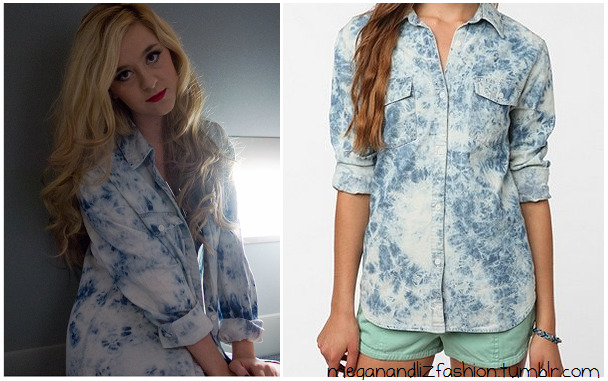 This is the cute denim acid wash shirt that liz is wearing.
You can buy it here from Urban Outfitters for $64