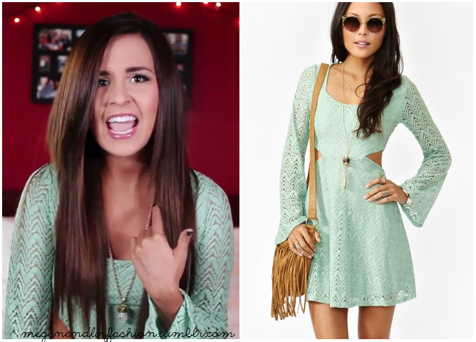 This is the crochet lime green pastel dress that Megan wear&#8217;s in Megan and Liz&#8217;s cover of We Are Never Ever Getting Back Together
You can buy it here for $68 from Nasty Gal