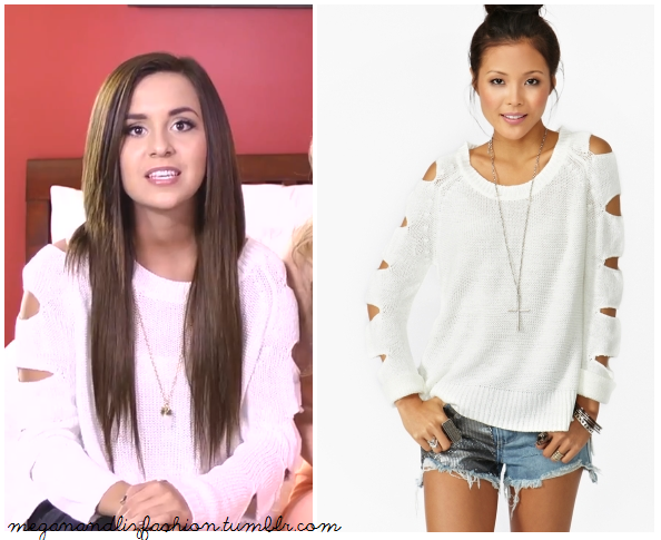 This is the cute white sweater with cut out sleeves that Megan is wearing at the end  of the Megan and Liz cover video of We Are Never Ever Getting Back Together.You can buy it HERE for $68 from Nasty Gal 
