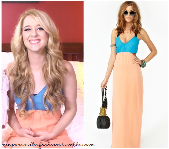 This is the orange and blur color block maxidress that Liz wears at the end of Megan and Liz&#8217;s cover video of Taylor Swift&#8217;s song, We Are Never Ever Getting Back Together.
You can buy her dress HERE for $68 from Nasty Gal